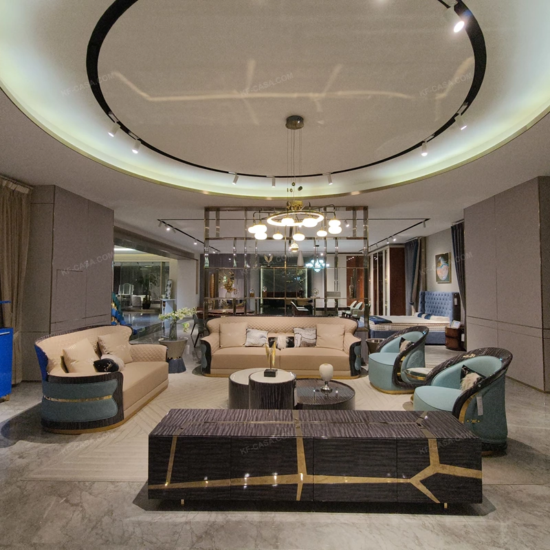 Cream Curved Sofa with Diamond-Quilted Backrest, Dark High-Gloss Sides and Teal Accent Panels
